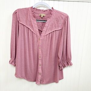 Democracy Mauve Pink Embroidered 3/4 Sleeve Button Front Blouse Size Large